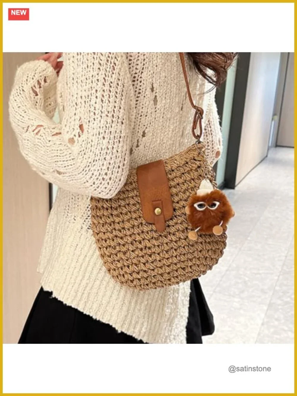 Handmade Crochet Straw Crossbody Bag, Convertible Hobo Tote, Casual Beach Purse